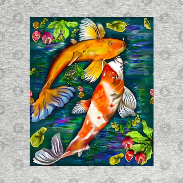 Best fishing gifts for fish lovers 2022. Koi fish pair couple swimming in koi pond with plants and flowers by Artonmytee